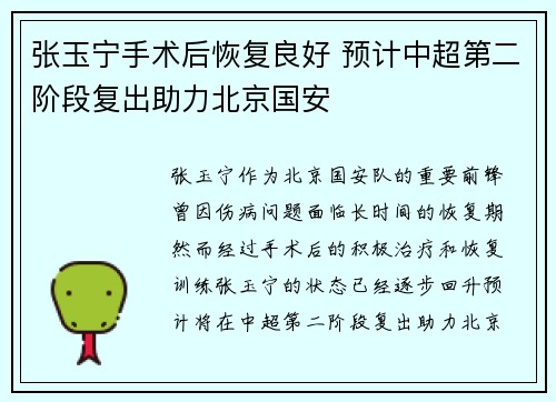 张玉宁手术后恢复良好 预计中超第二阶段复出助力北京国安