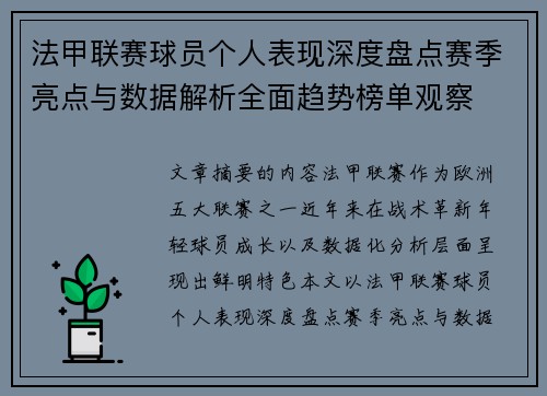 法甲联赛球员个人表现深度盘点赛季亮点与数据解析全面趋势榜单观察